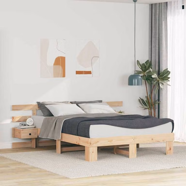 Berkfield Home Modern Solid Pine Wood Bed with Drawer in Brown and Beige, W/D/H: 150 x 200 cm