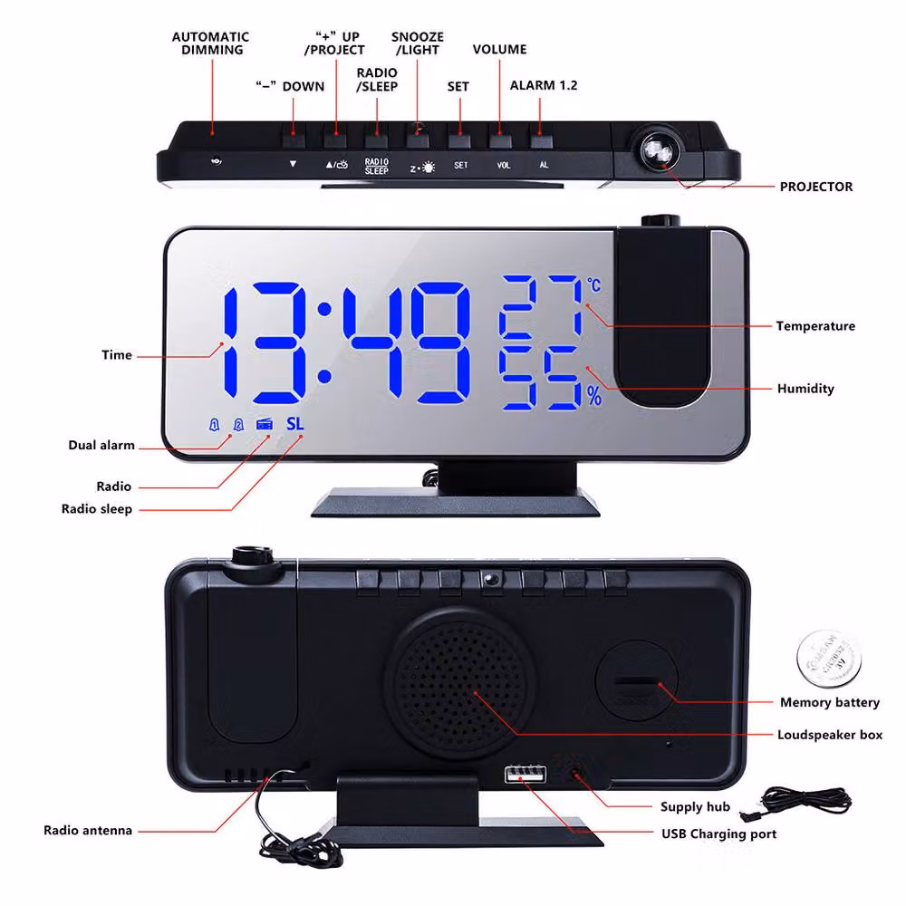 YnysTec LED Digital Projection Alarm Clock with FM Radio and Snooze Function, White – 3