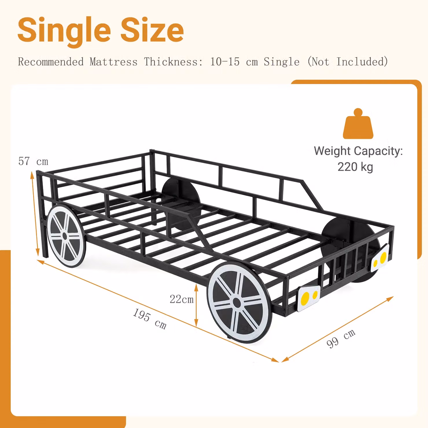 Costway Metal Car-Shaped Single Platform Bed Frame for Children in Black, W/D/H: 90 x 200 cm – 2