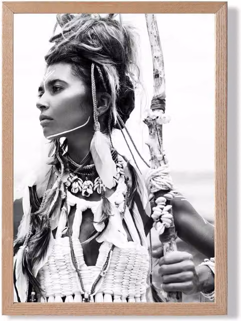 ARTZE Warrior Woman Black and White Photo Framed Print with Oak Frame, A2 – 1
