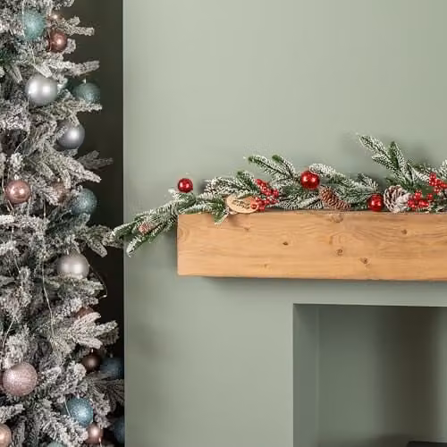 Samuel Alexander 1.9m Christmas Frosted Pinecone Garland with Red Berries and Baubles in Green, Red and White – 2