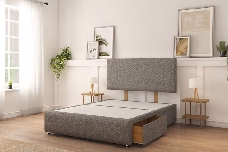 Sloomy Sterling Tweed Single Divan Bed Set with 2 Right Side Drawers, 26 inch Strutted Headboard and 12 inch Matching Footboard in Light Grey, W/D/H: 90 x 200 cm