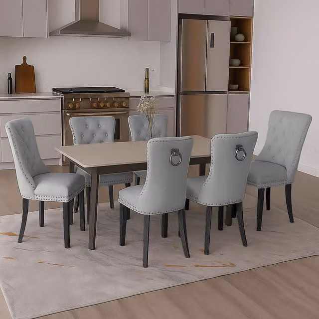 Neo Set of Six Studded Velvet Dining Chairs with Ring Knocker in Light Grey