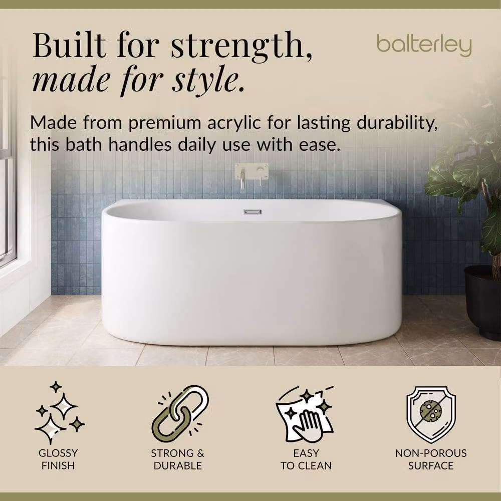 Balterley Contemporary Rectangular Back To Wall Freestanding Acrylic Bath in White W: 160 cm, D: 75 cm, H: 59 cm – 2