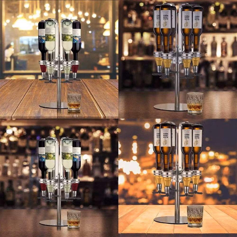 FLAVORA 4 Bottle Rotary Stand Drink Dispenser in Metallic Silver – 4
