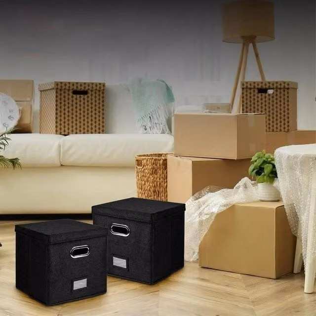 EONLION Black Fabric Vinyl Record Storage Box with Lid and Label Holder, W: 50.0 cm, D: 33.0 cm – 1