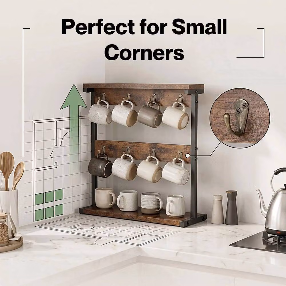 KORVIXA Brown Wood Coffee Mug Holder Stand with Shelf – 4