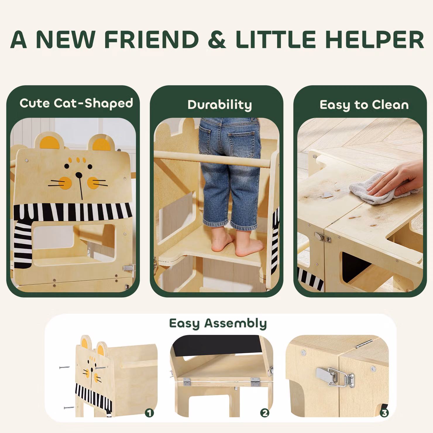 AIYAPLAY 3-in-1 Cat-Shaped Toddler Step Stool and Standing Tower with Chalkboard in Natural Brown and Beige Wood – 5