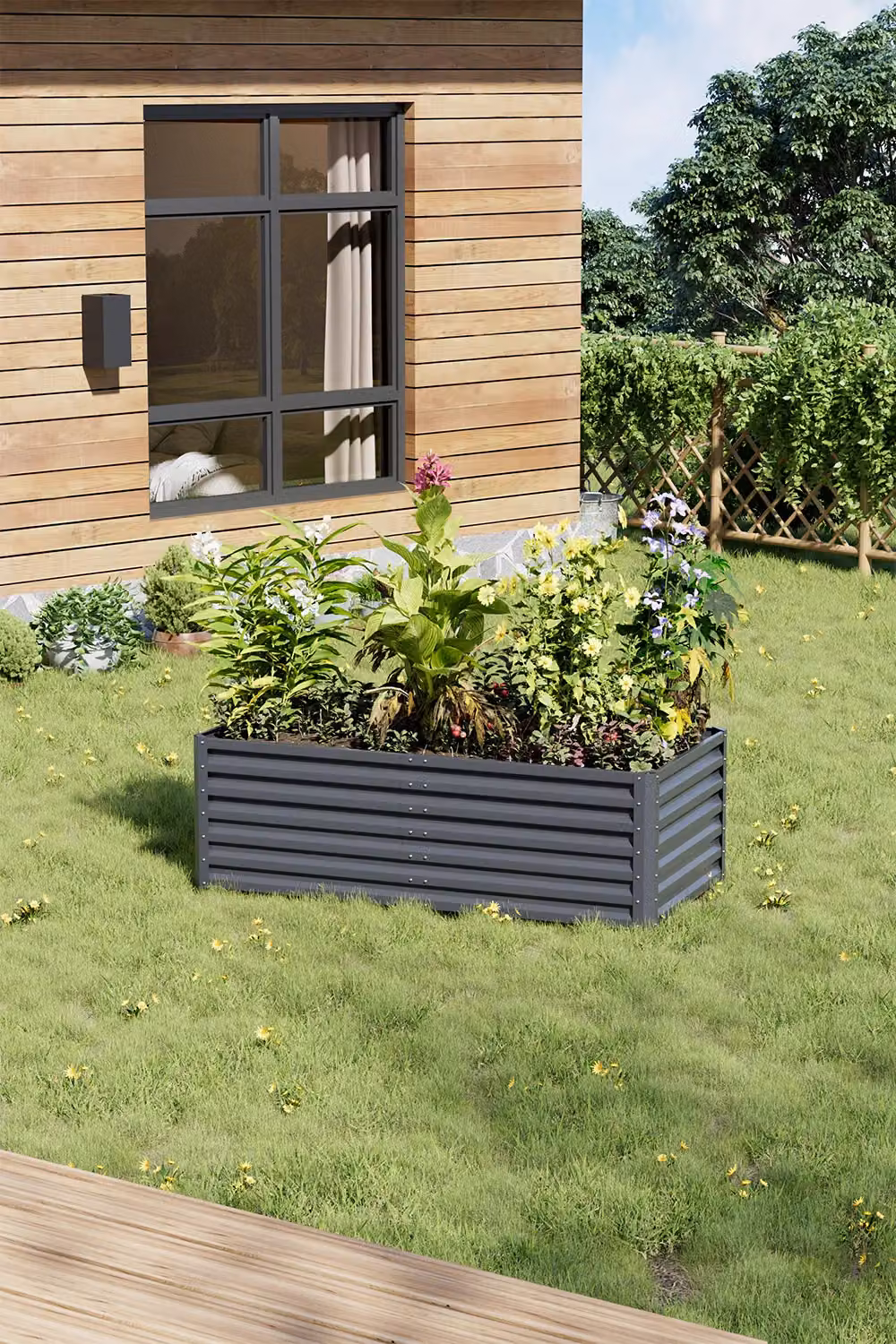 H&O Direct Grey Rectangular Metal Raised Garden Bed Planter, W/D/H: 90.0 x 57.0 x 90.0 cm – 2