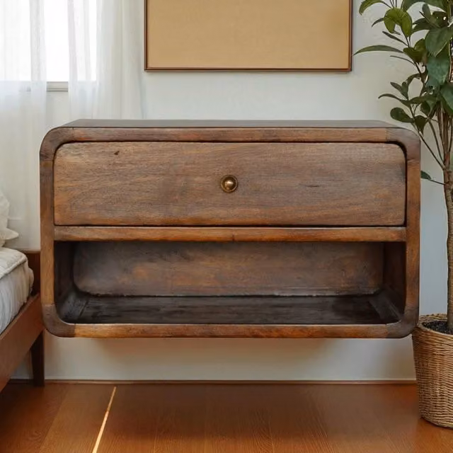 Artisan Furniture Chestnut Curve Floating Bedside Table in Brown Solid Mango Wood