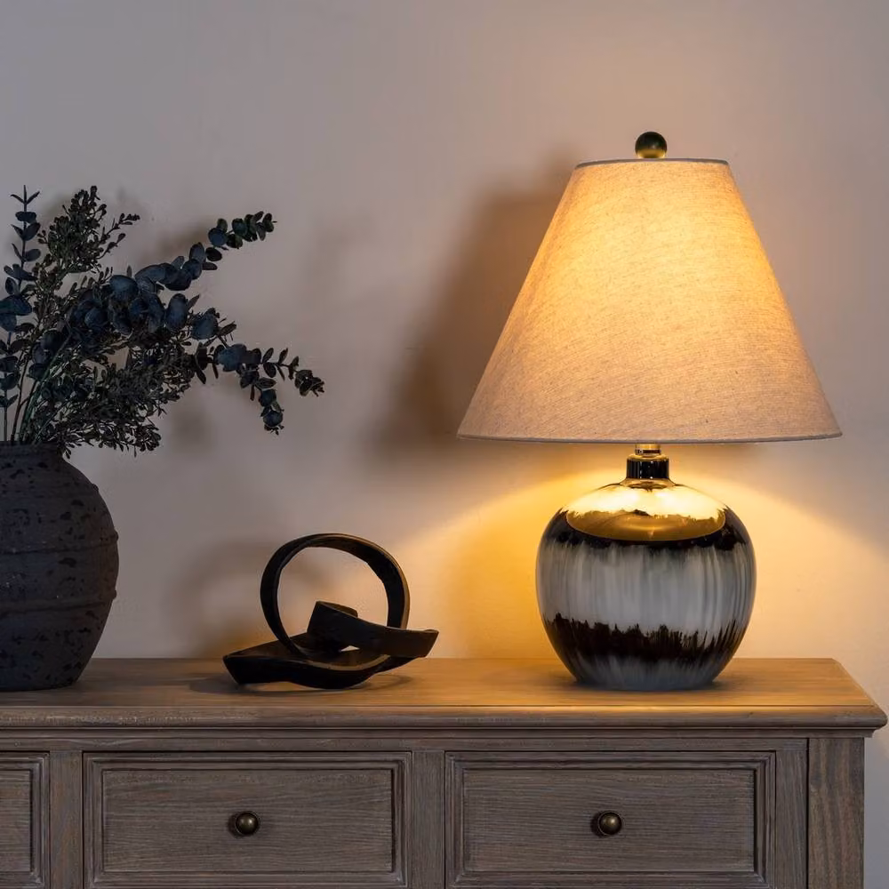 Lemon Pavilion Furniture and Decor Midnight Shadows Squat Table Lamp with Black Glass Base and Beige Linen Shade – 2