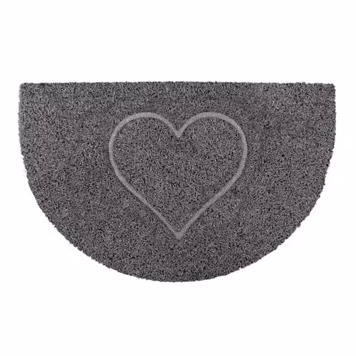 Oseasons Heart Half Moon Doormat in Grey, Semicircular Spaghetti Coil Vinyl with PVC Backing, Non-Slip Indoor or Sheltered-Outdoor Entrance Rug