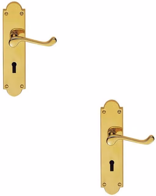 Loops 2x Pair Victorian Scroll Handle on Lock Backplate, Polished Brass, 20.5 x 4.9 cm