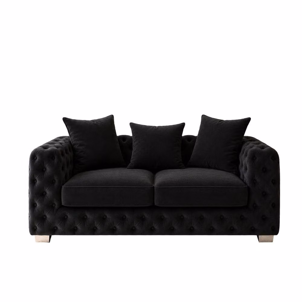 Stratus Interiors Ashley Chesterfield 2 Seater Scatter Back Upholstered Velvet Sofa in Black (W: 177.8 cm, H: 76.0 cm, D: 67.0 cm) – 4