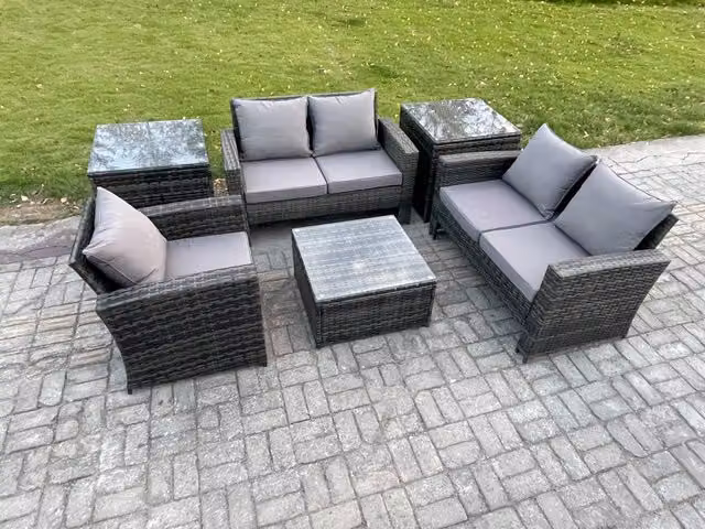 Fimous Modern Rattan Garden Furniture Set in Dark Grey with Sofa, Coffee Table, Chair and 2 Side Tables