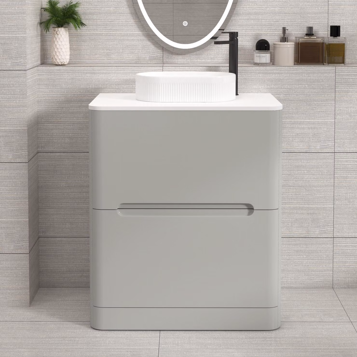 Royal Bathrooms Venice 700mm Floor Standing 2 Drawer Vanity Unit in Dove Grey with Plain White Worktop and Lyon Basin