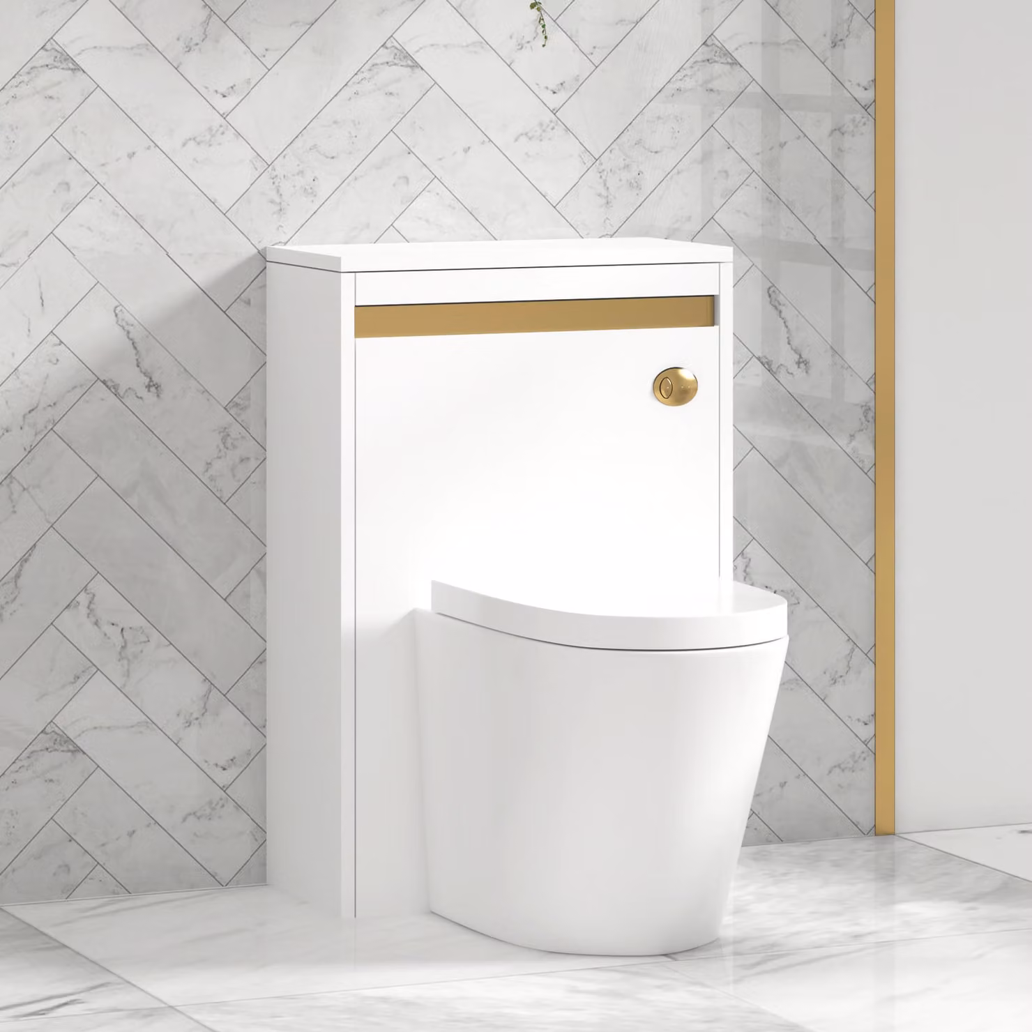 Royal Bathrooms Orion Wall Mounted Matt White BTW WC Unit with Cesar Rimless Ceramic Toilet Pan, Seat and Cistern with Brushed Brass Accent Trim, Width: 54 cm