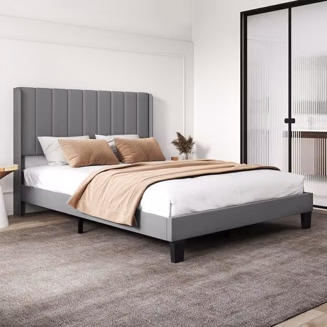 Levede King Bed Frame with Metal and Wood Upholstered Mattress Base in Grey and Beige, W/D/H: 150 x 200 x 156 cm