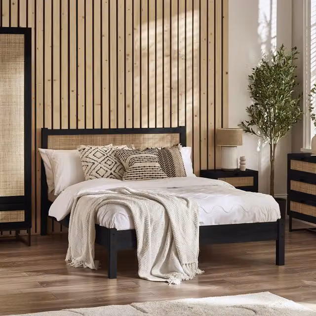 Julian Bowen Padstow Boho Rattan Bed in Black, W/D/H: 180 x 200 cm