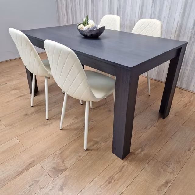 Kosy Koala Modern Grey Rectangular Dining Table and 4 Cream Upholstered Chairs Set