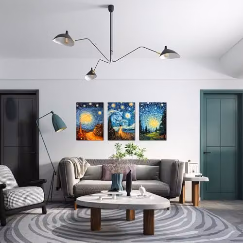 Simpa 3 Panel Canvas Wall Art, Blue and Multicolour Starry Night Inspired Abstract Painting, W/H: 60 x 40 cm per panel – 3