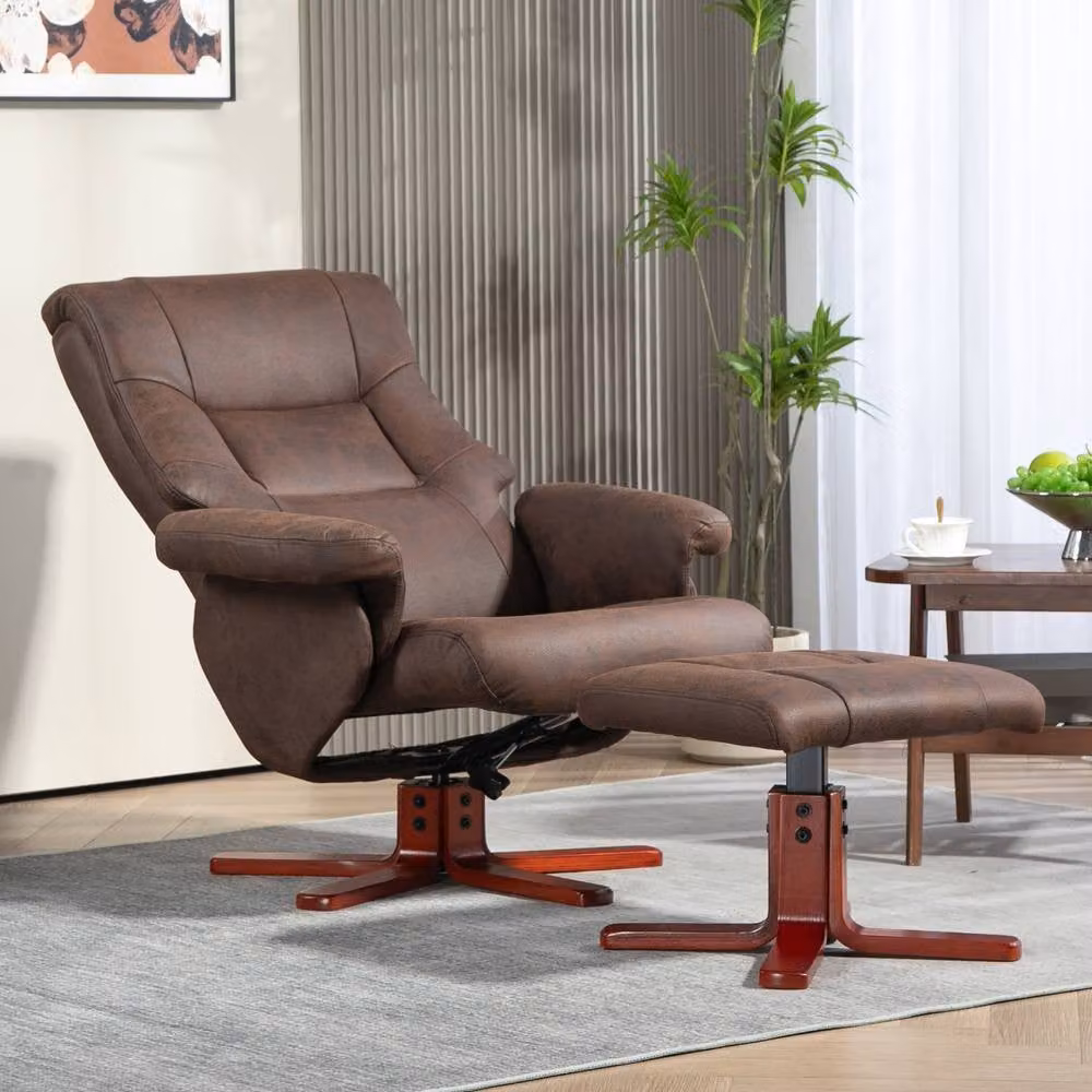 STILVORA Manual Recline Recliner Chair and Footstool Set in Brown – 2