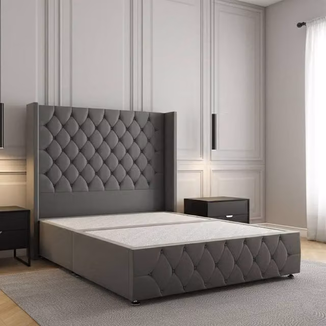 REGIONAL FURNISHINGS Super King Plush Velvet Divan Bed with 54 inch Headboard and Footboard in Grey, W/D/H: 200 x 137.16 x 3 cm