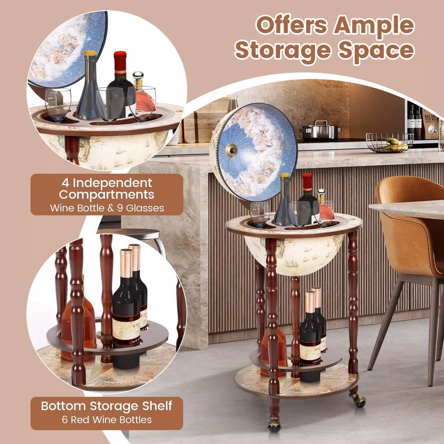 Costway Globe Wine Rack Storage Cabinet with Castors in White and Beige – 5