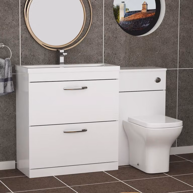 Royal Bathrooms Turin 1300mm Gloss White 2-Drawer Mid-Edge Basin and Qubix Back to Wall Toilet Pack