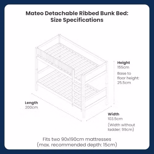Flair Mateo Detachable Ribbed Bunk Bed in White and Oak for Children, W/D/H: 90 x 190 x 155 cm – 2