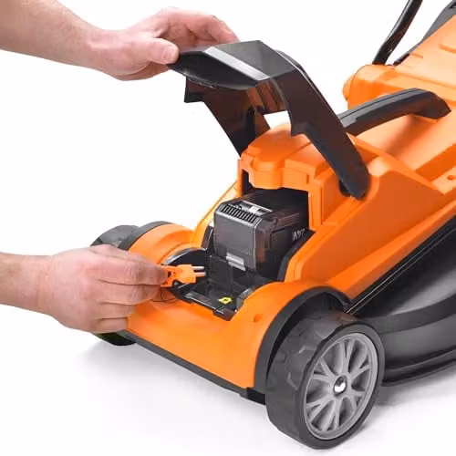 LawnMaster MX 24V 34cm Cordless Lawnmower in Orange with Rechargeable Battery, Fast Charger, Mulching Kit and Collection Bag – 7