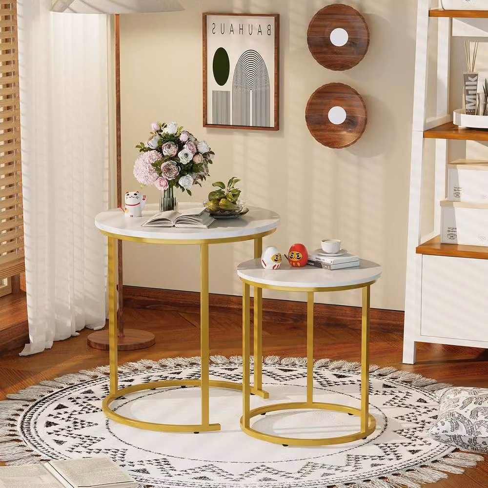 Huhote Set of 2 Round Nesting Coffee Tables with White Marble Finish and Gold Metal Frame – 4