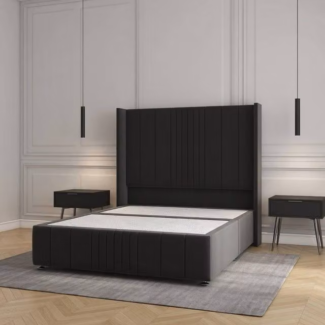 Regional Furnishings Black Velvet Upholstered Small Double Divan Bed with 54 inch Headboard and 12 inch Footboard, W/D/H: 120 x 200 cm – 1