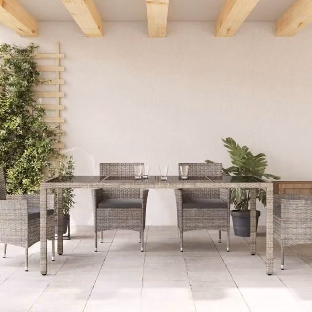 Berkfield Home Grey Poly Rattan Extendable Garden Table with Glass Top, W: 190 cm, D: 90 cm, H: 75 cm – 1