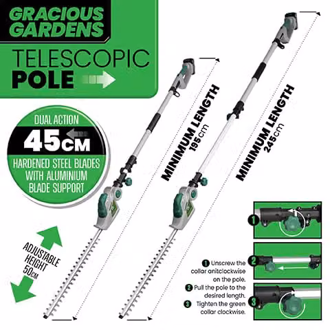 Gracious Gardens 18V Long Reach Cordless Reciprocating Hedge Trimmer in Grey and Green with 2 Rechargeable Batteries and Quick Charger – 3