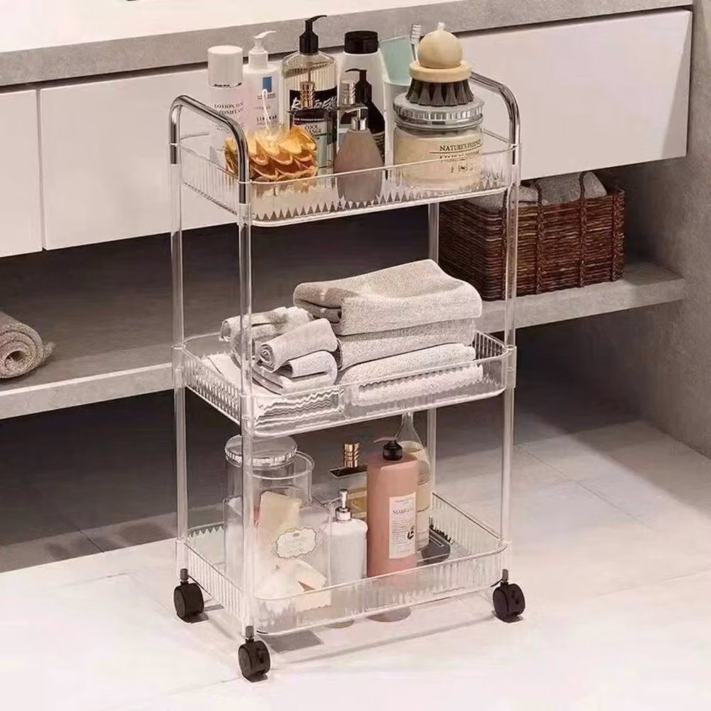 KORVIXA 3 Tier Storage Trolley Cart on Wheels in Transparent, W/D/H: 100 x 100 x 100 cm – 3