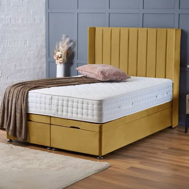 BSSPOKE Hannah Ottoman Divan Bed in Mustard Yellow Plush Velvet with 54 inch Headboard, W/D/H: 180 x 200 cm