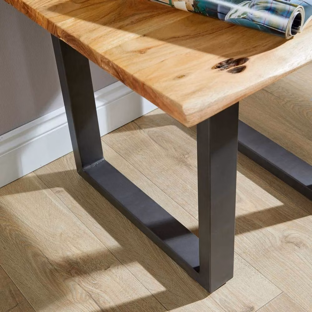 FORGEVIO Industrial Lamp Table with Live Edge Solid Acacia Wood Top and Black Metal Sled Base Legs – 4