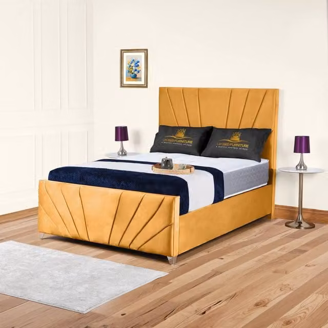 UK Bed Furniture Sunrise Slatted Base Upholstered Velvet Bed in Yellow, Size: Single (90 x 200 cm)