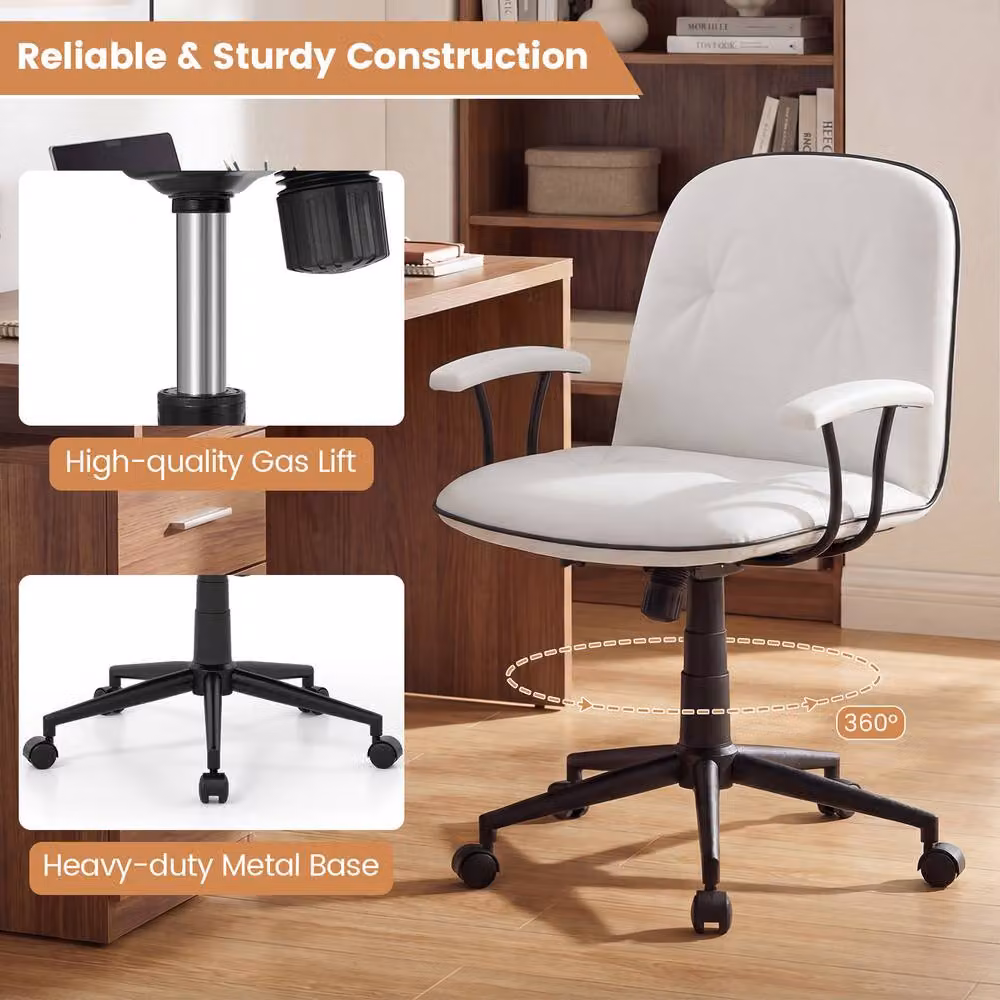Costway White PU Leather Swivel Home Office Desk and Makeup Vanity Chair – 3