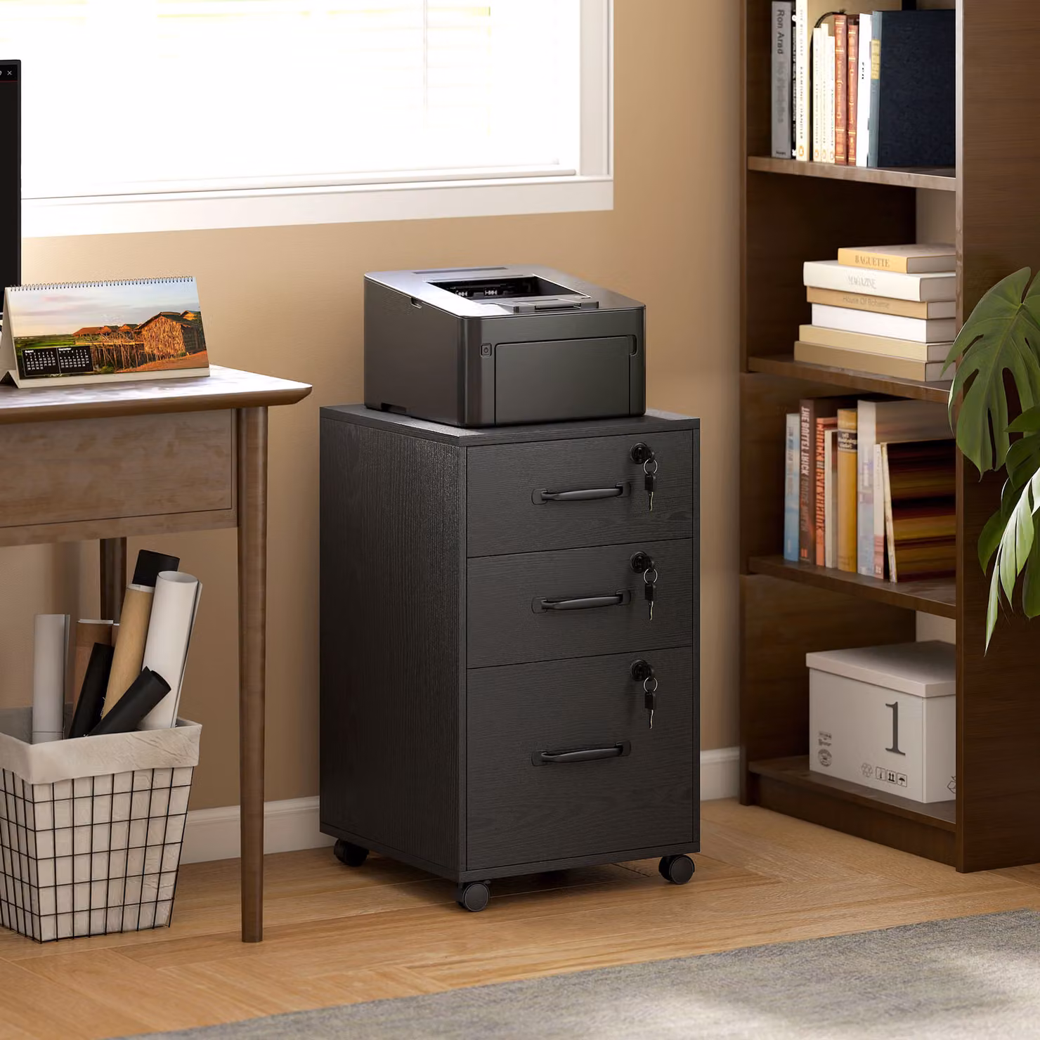 HOMCOM Three Drawer Black Wood-Effect Filing Cabinet with Castors – 2