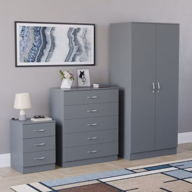 Vida Designs Riano 3 Piece Modern Grey Bedroom Set including Wardrobe, Chest of Drawers and Nightstand