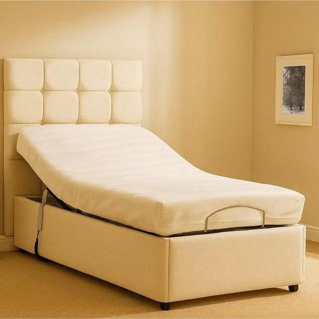 Paradies Modern Upholstered Motorised Adjustable Bed with Foam Mattress in Beige and White, W/D/H: 140 x 200 cm