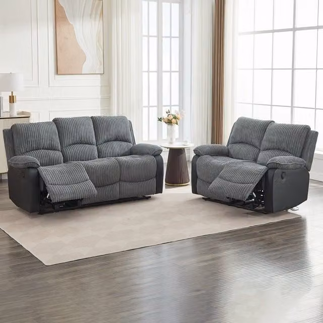 FURNITURE ONE Electric Reclining Corduroy Fabric Sofa Set in Grey, including 2 and 3 Seater Sofas with Sleeping Function