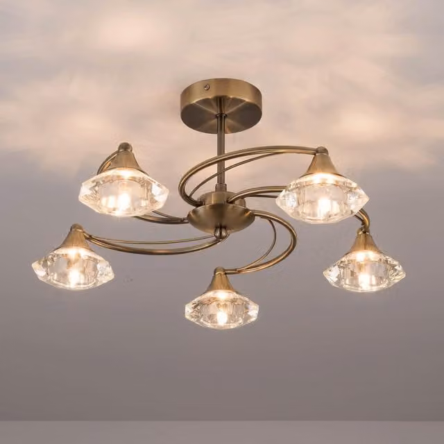 Harper Living Spiral 5 Light Semi Flush Ceiling Light in Antique Brass and Light Brown