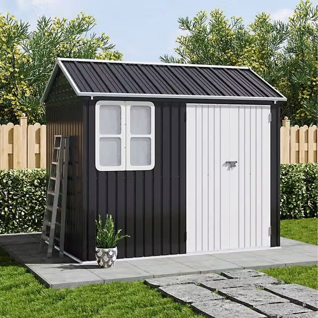 Livingandhome Modern Metal Gable Garden Shed with White Window and Door in Matt Black