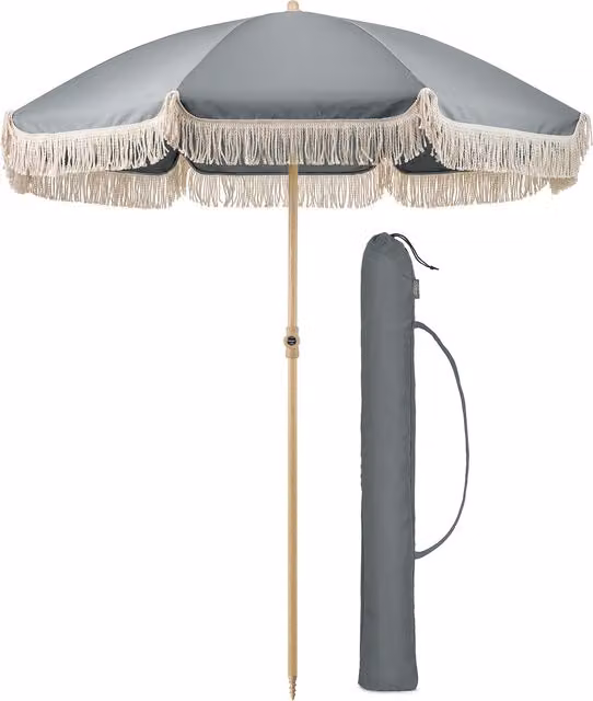 Christow Portable Cotton Tassel Parasol in Grey with Steel Frame