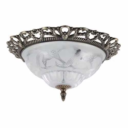 Happy Homewares Classic Round Flush Ceiling Light with Transparent Floral Glass and Gold Brass Metal Finish, W: 33 cm, D: 33 cm, H: 11 cm