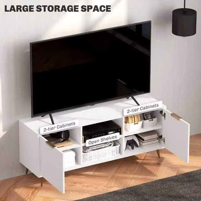 STILVORA Modern White MDF TV Stand with Media Compartments and Grommet for Living Rooms – 1