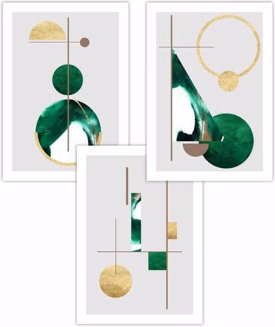 ARTZE Set of 3 Abstract Geometric Mid-Century Wall Posters in Green, Gold and White, W: 50 cm, H: 70 cm